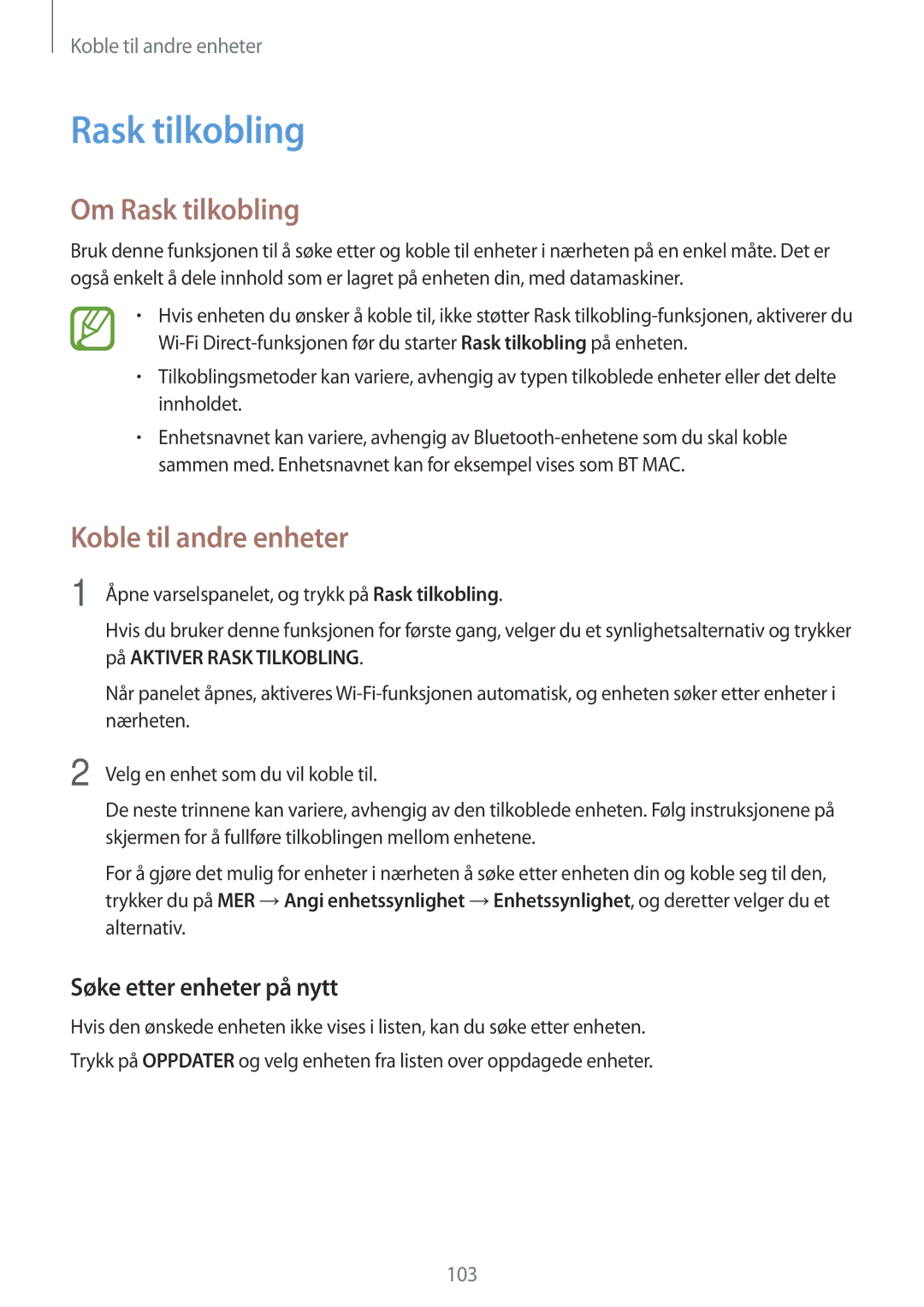 Samsung SM-A500FZWUNEE manual Om Rask tilkobling, Søke etter enheter på nytt 