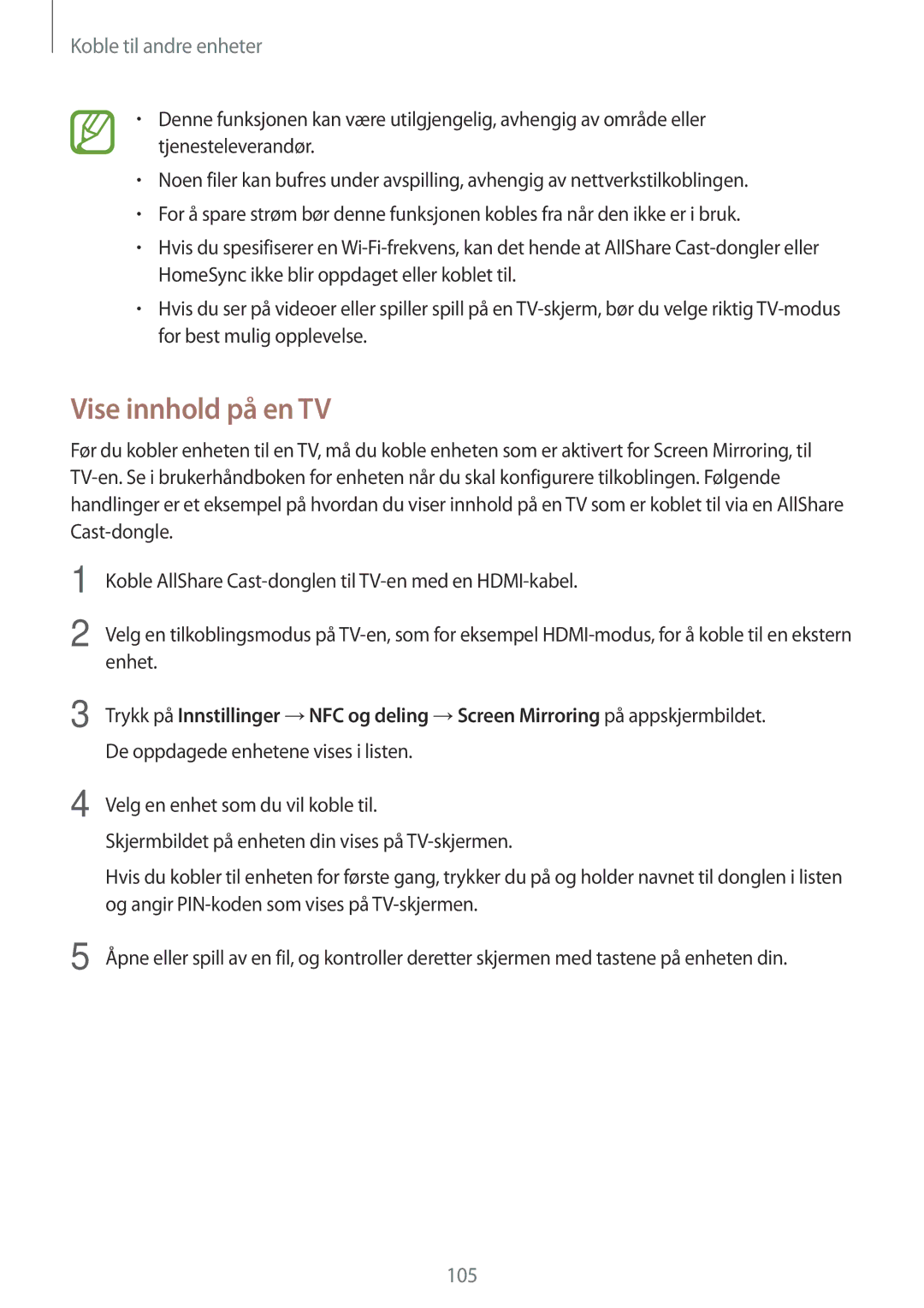 Samsung SM-A500FZWUNEE manual Vise innhold på en TV 