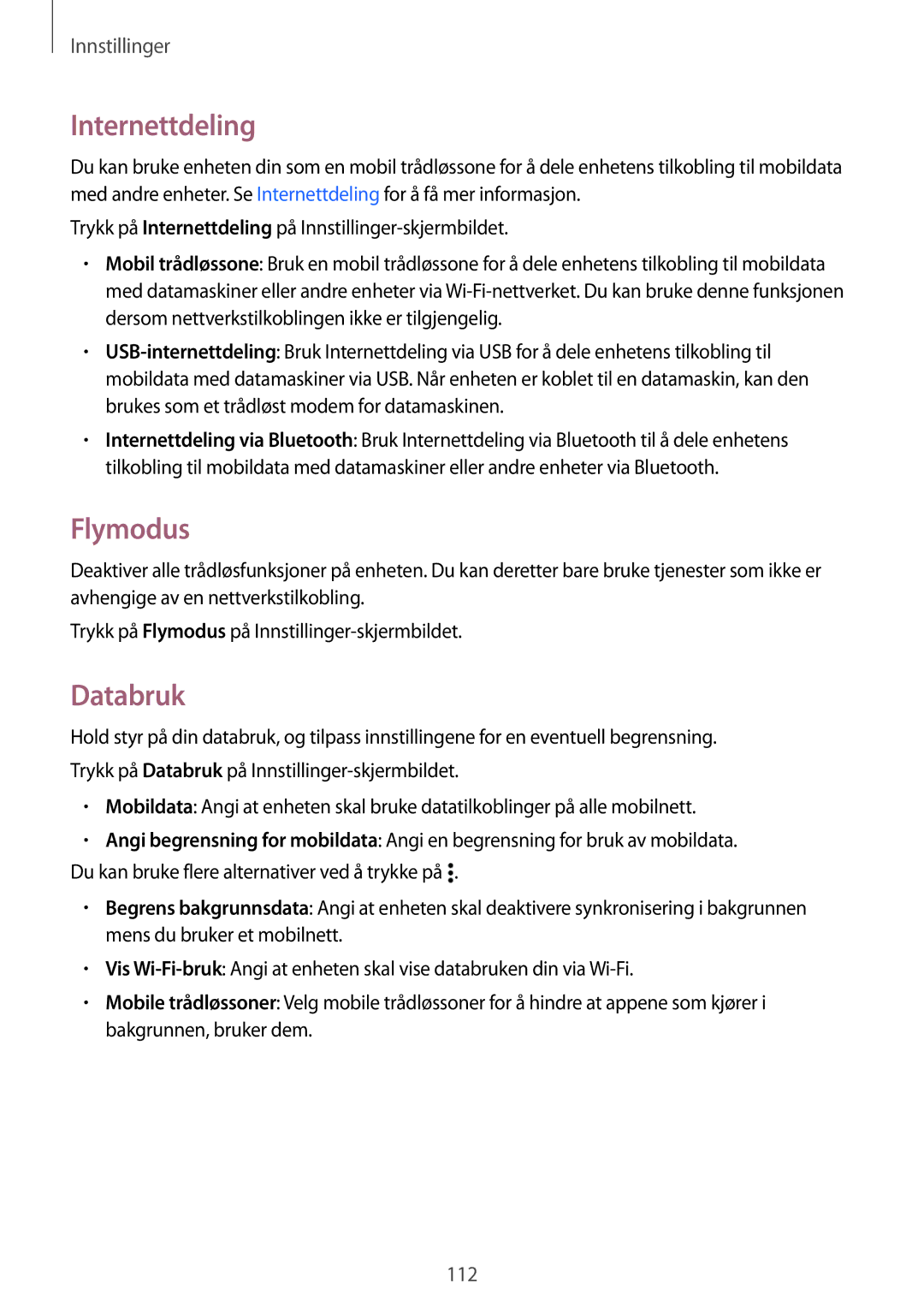 Samsung SM-A500FZWUNEE manual Internettdeling, Flymodus, Databruk 