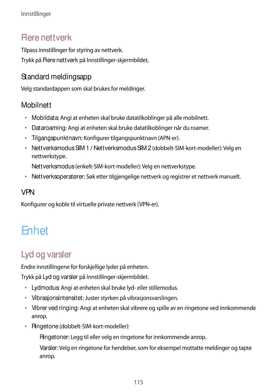 Samsung SM-A500FZWUNEE manual Enhet, Flere nettverk, Lyd og varsler, Standard meldingsapp, Mobilnett 