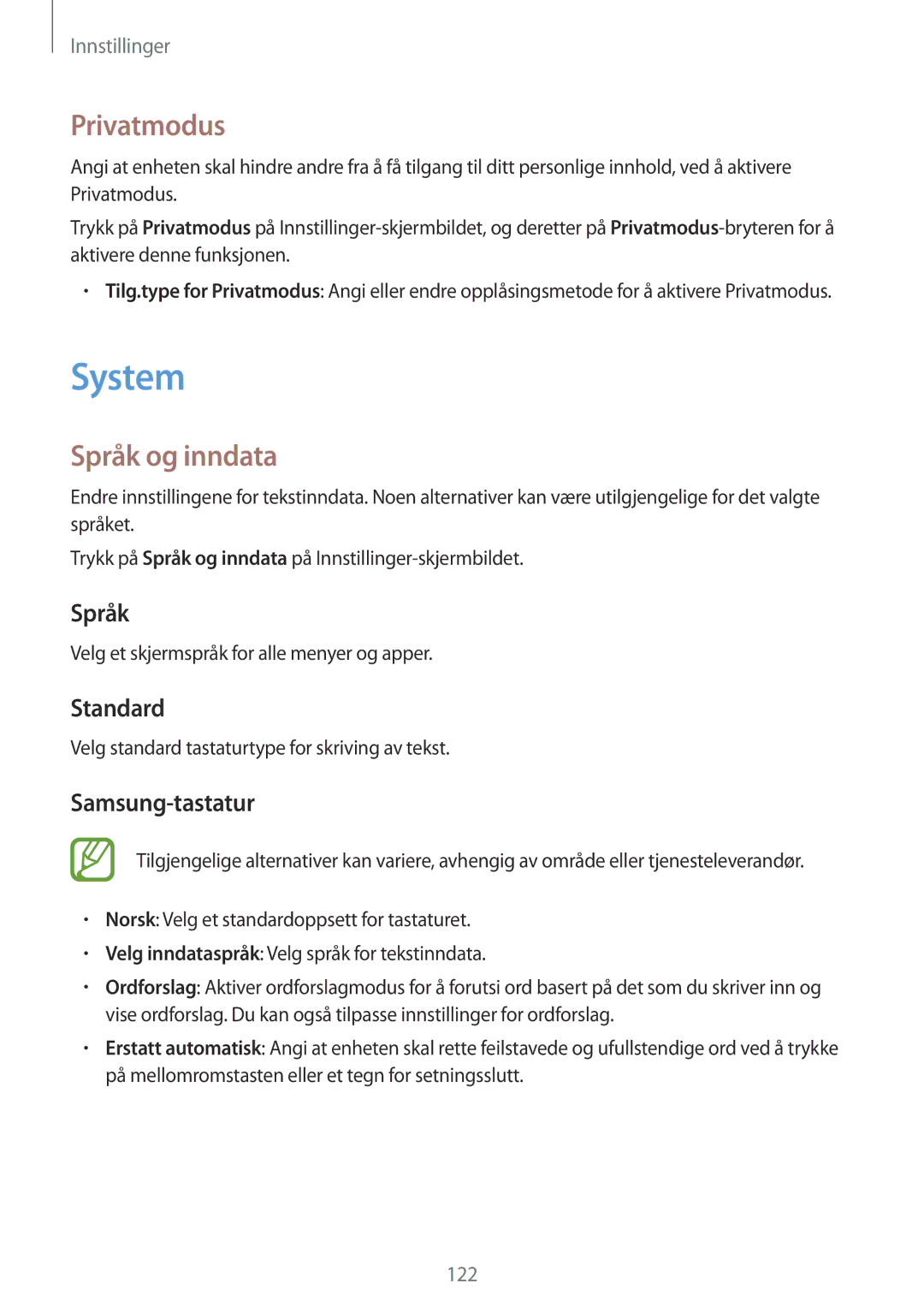 Samsung SM-A500FZWUNEE manual System, Privatmodus, Språk og inndata 