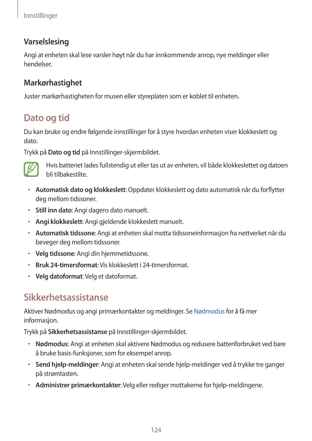 Samsung SM-A500FZWUNEE manual Dato og tid, Sikkerhetsassistanse, Varselslesing, Markørhastighet 