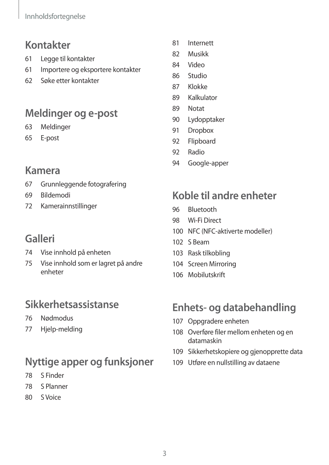 Samsung SM-A500FZWUNEE Meldinger Post, Grunnleggende fotografering Bildemodi Kamerainnstillinger, Finder Planner Voice 