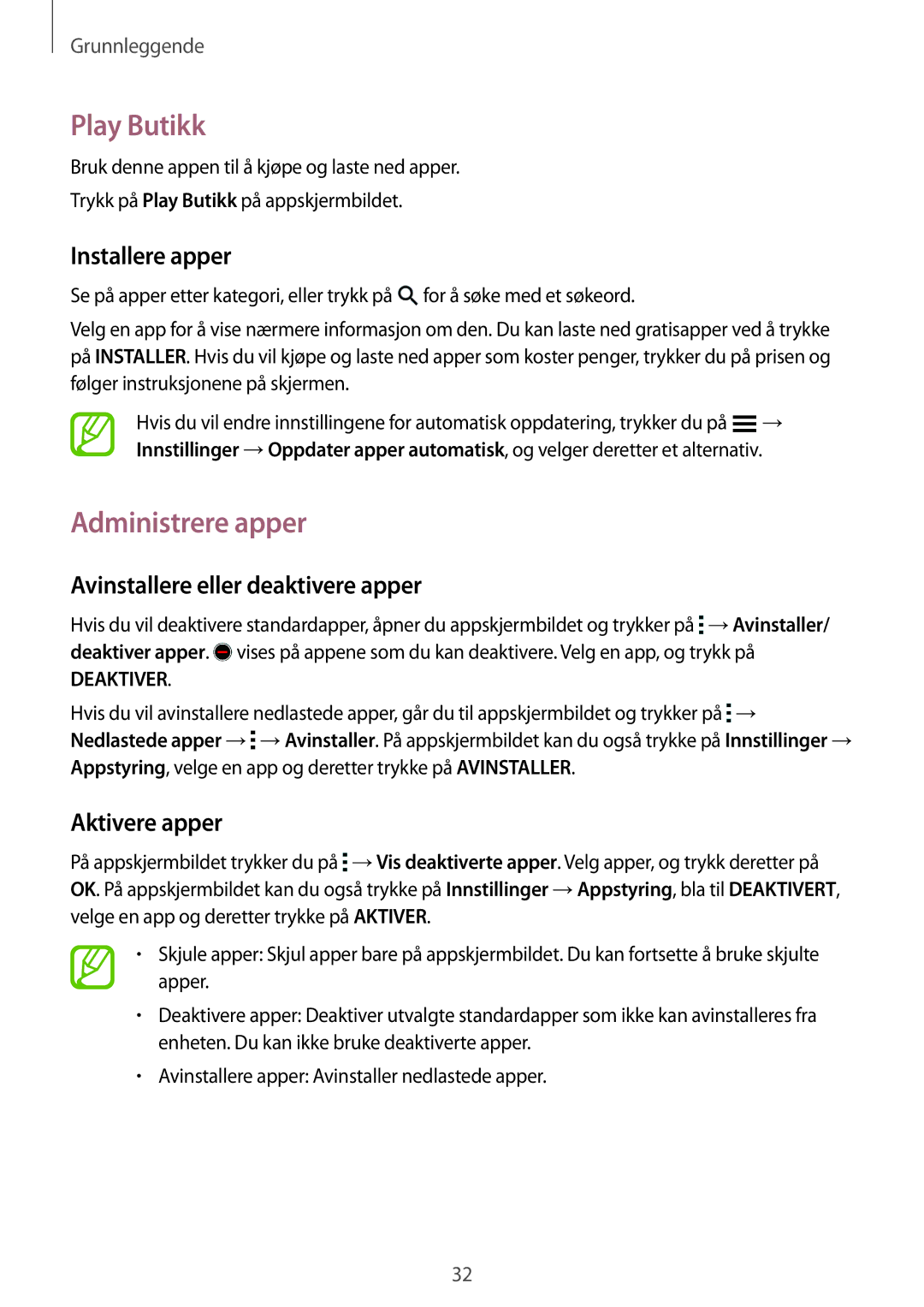 Samsung SM-A500FZWUNEE manual Play Butikk, Administrere apper, Avinstallere eller deaktivere apper, Aktivere apper 