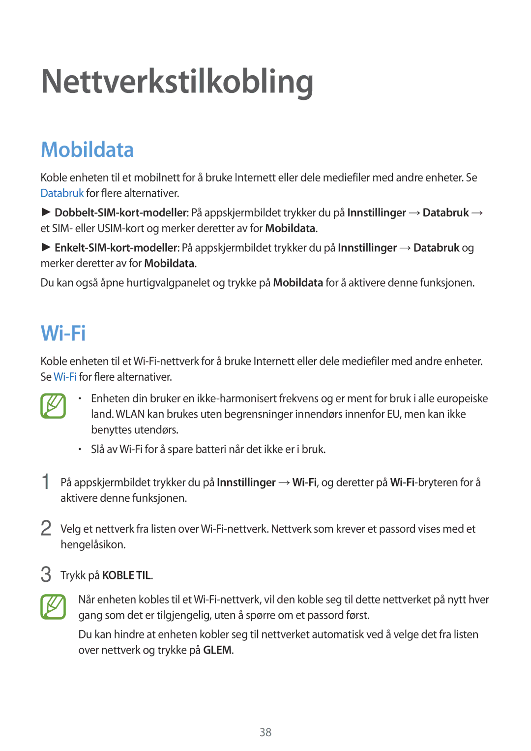 Samsung SM-A500FZWUNEE manual Nettverkstilkobling, Mobildata, Wi-Fi 