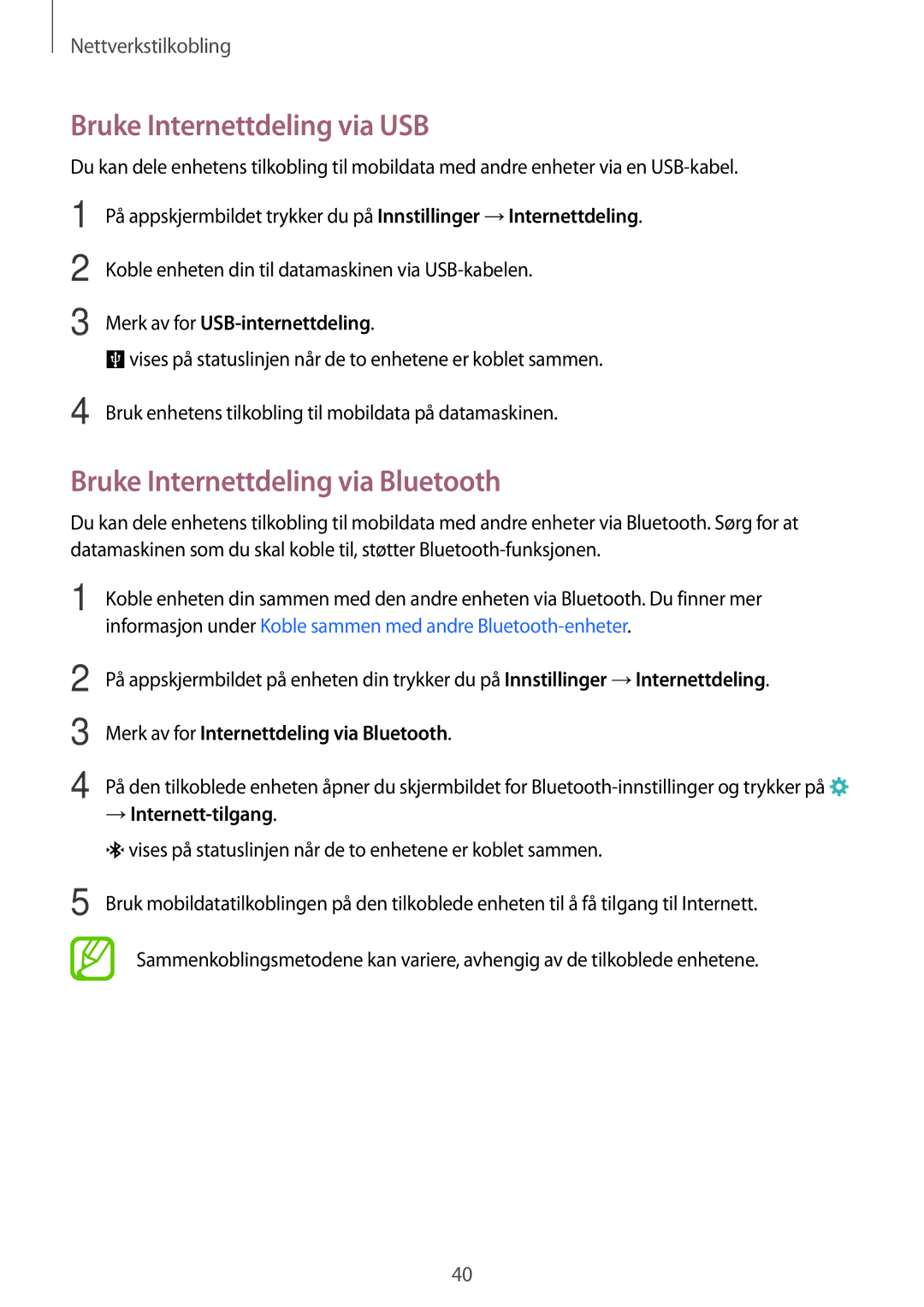 Samsung SM-A500FZWUNEE Bruke Internettdeling via USB, Bruke Internettdeling via Bluetooth, Merk av for USB-internettdeling 