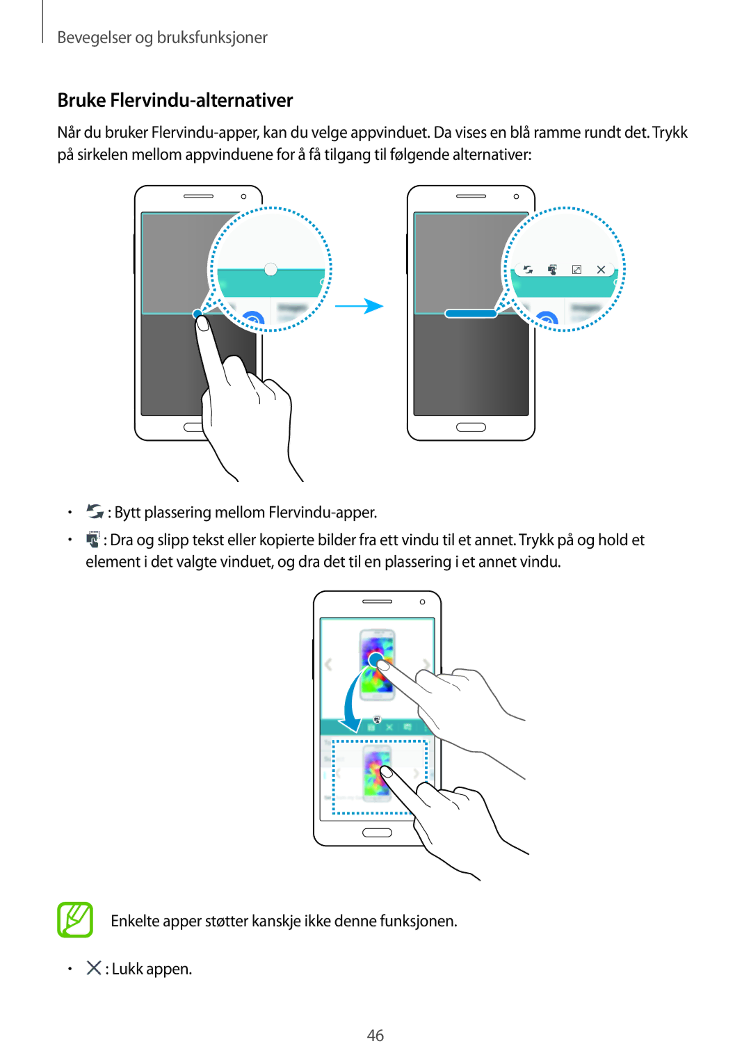 Samsung SM-A500FZWUNEE manual Bruke Flervindu-alternativer, Bytt plassering mellom Flervindu-apper 