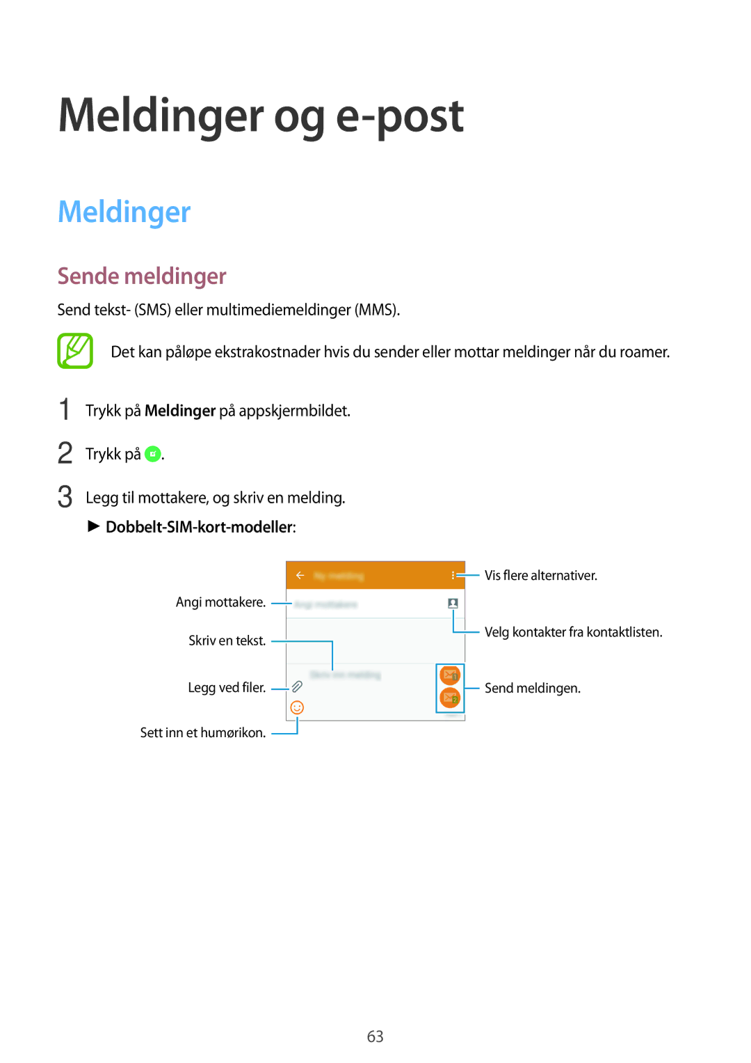 Samsung SM-A500FZWUNEE manual Meldinger og e-post, Sende meldinger, Trykk på, Dobbelt-SIM-kort-modeller 