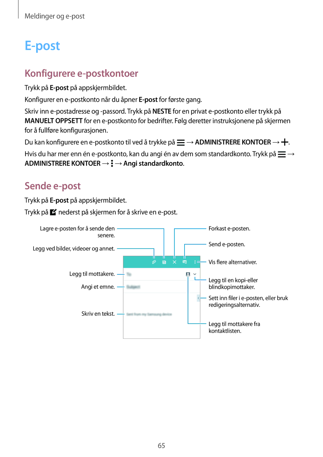 Samsung SM-A500FZWUNEE manual Post, Konfigurere e-postkontoer, Sende e-post, Trykk på E-postpå appskjermbildet 