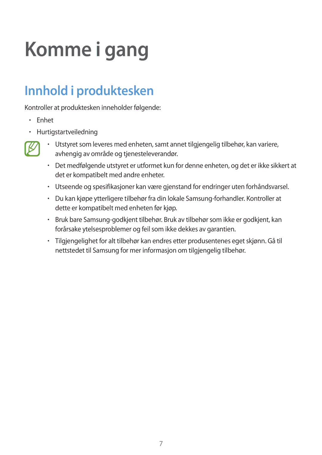 Samsung SM-A500FZWUNEE manual Komme i gang, Innhold i produktesken 