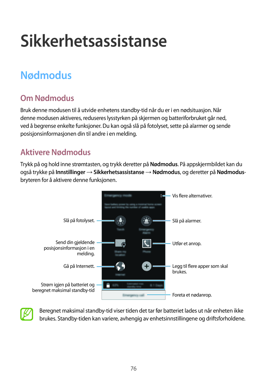 Samsung SM-A500FZWUNEE manual Sikkerhetsassistanse, Om Nødmodus, Aktivere Nødmodus 