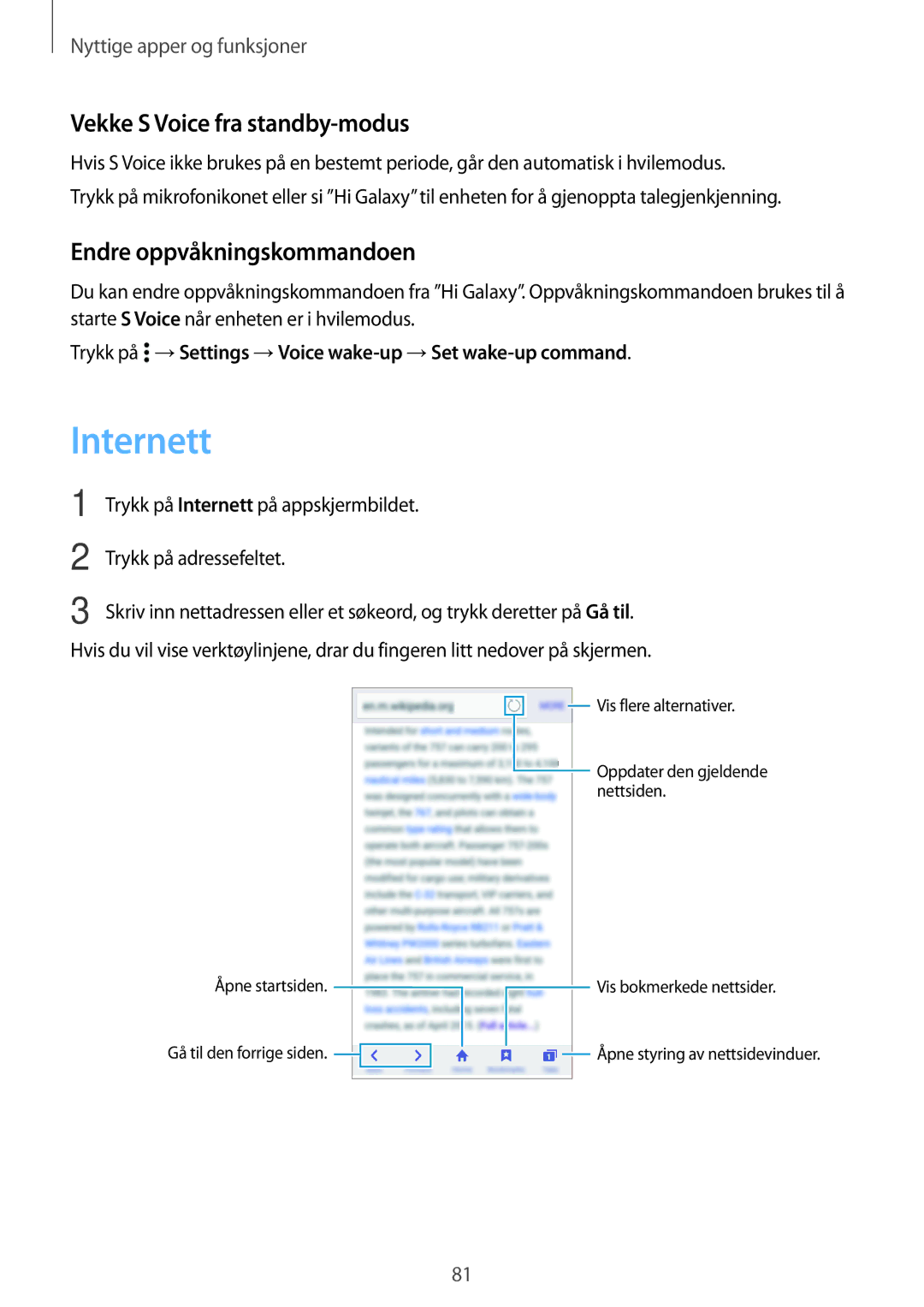 Samsung SM-A500FZWUNEE manual Internett, Vekke S Voice fra standby-modus, Endre oppvåkningskommandoen 