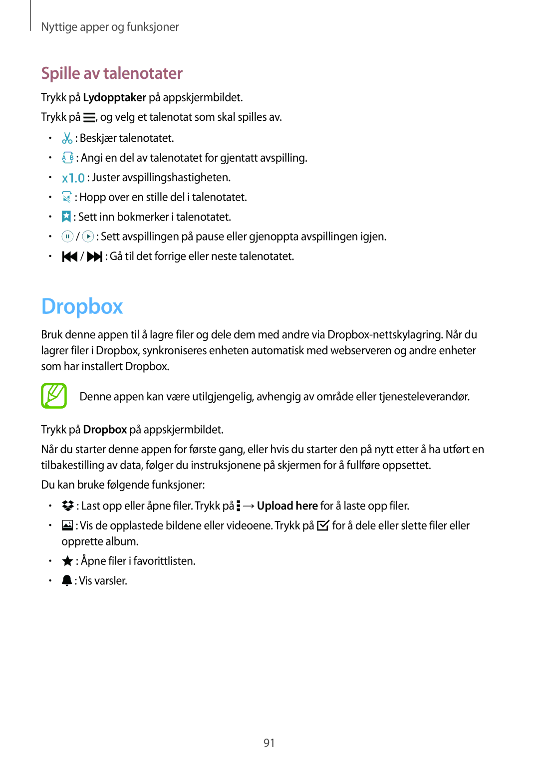 Samsung SM-A500FZWUNEE manual Dropbox, Spille av talenotater 