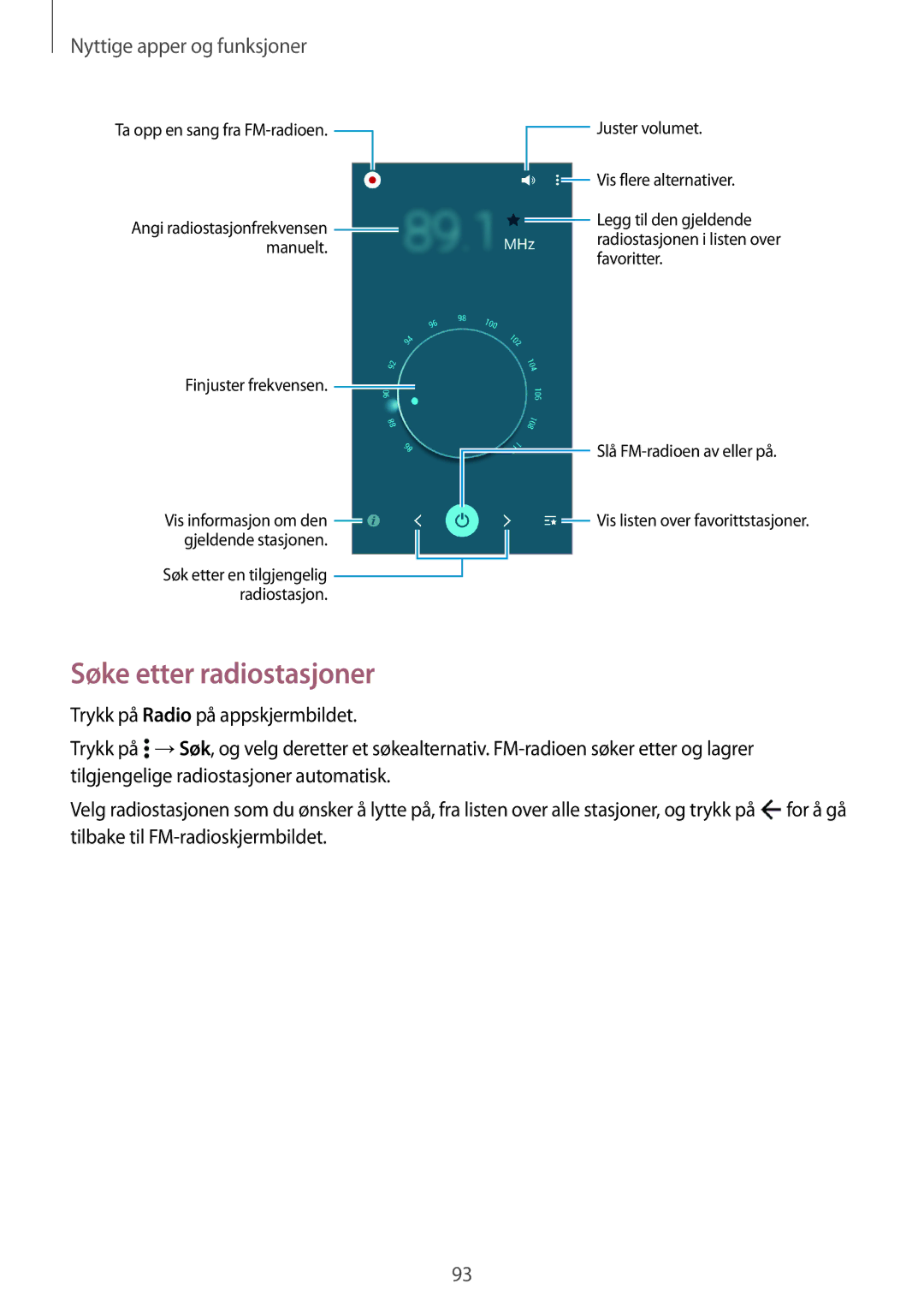 Samsung SM-A500FZWUNEE manual Søke etter radiostasjoner 