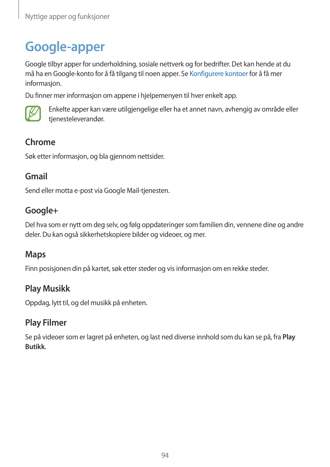 Samsung SM-A500FZWUNEE manual Google-apper, Søk etter informasjon, og bla gjennom nettsider 