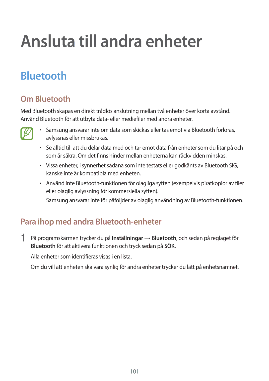 Samsung SM-A500FZWUNEE manual Ansluta till andra enheter, Om Bluetooth, Para ihop med andra Bluetooth-enheter 