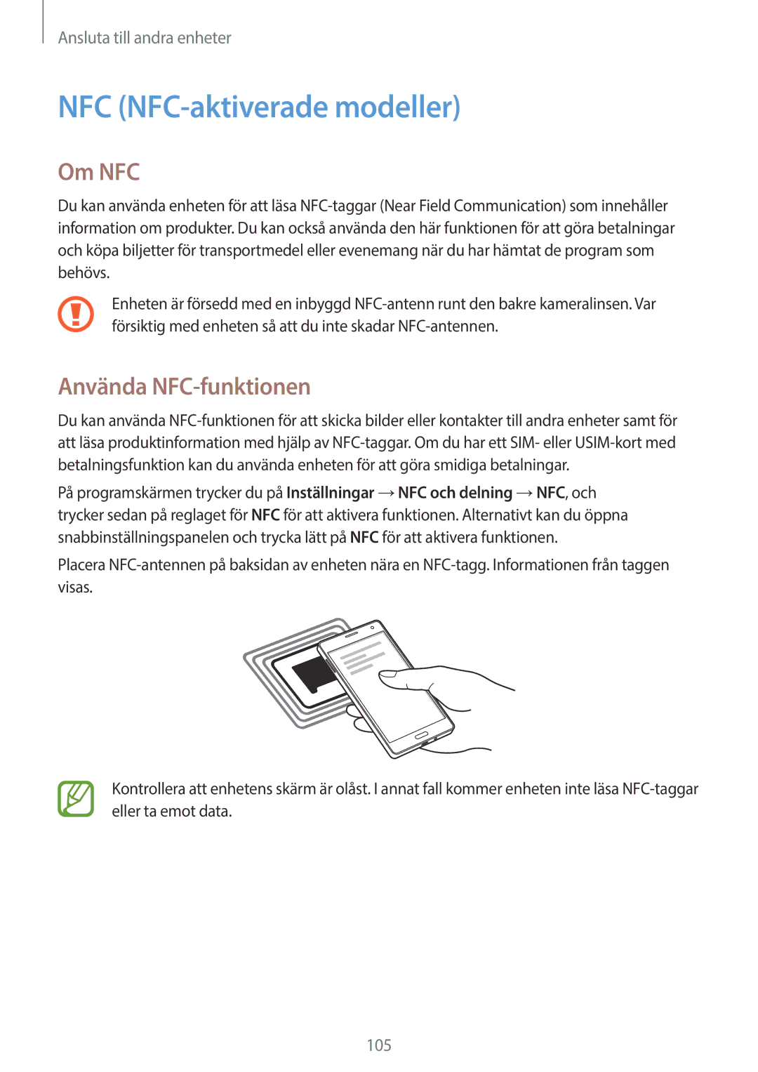 Samsung SM-A500FZWUNEE manual NFC NFC-aktiverade modeller, Om NFC, Använda NFC-funktionen 