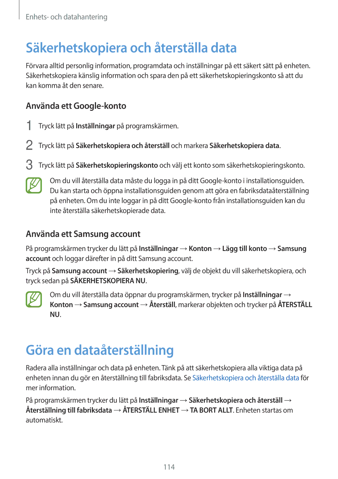 Samsung SM-A500FZWUNEE manual Säkerhetskopiera och återställa data, Göra en dataåterställning, Använda ett Google-konto 