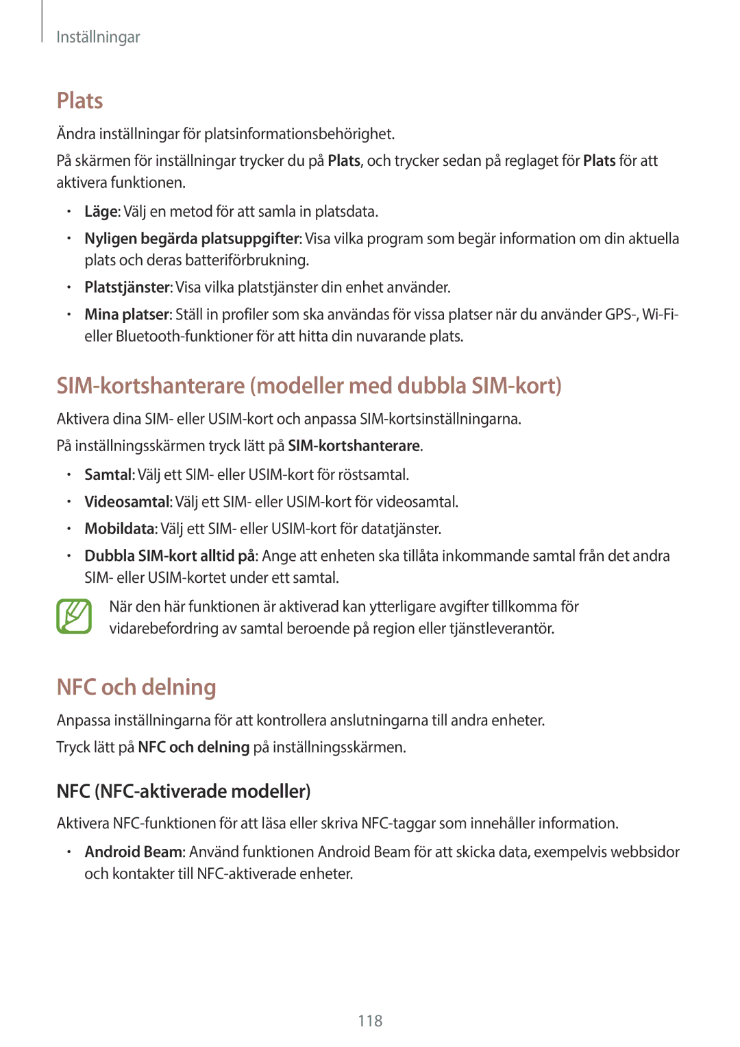 Samsung SM-A500FZWUNEE manual Plats, SIM-kortshanterare modeller med dubbla SIM-kort, NFC och delning 