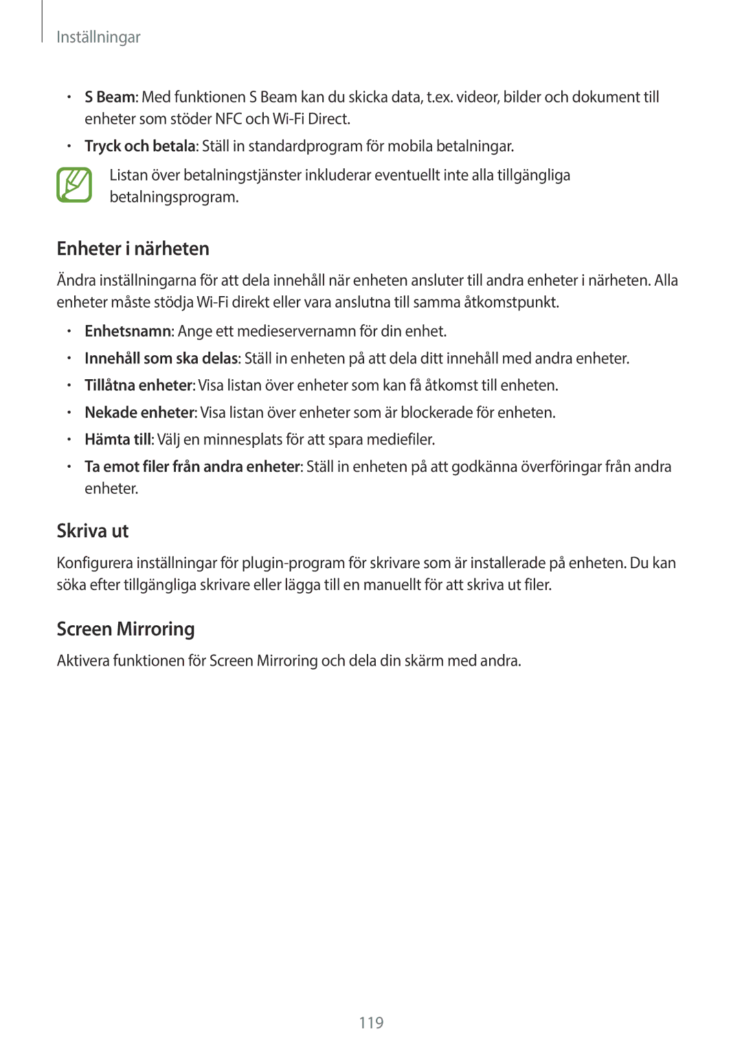 Samsung SM-A500FZWUNEE manual Enheter i närheten, Skriva ut, Screen Mirroring 