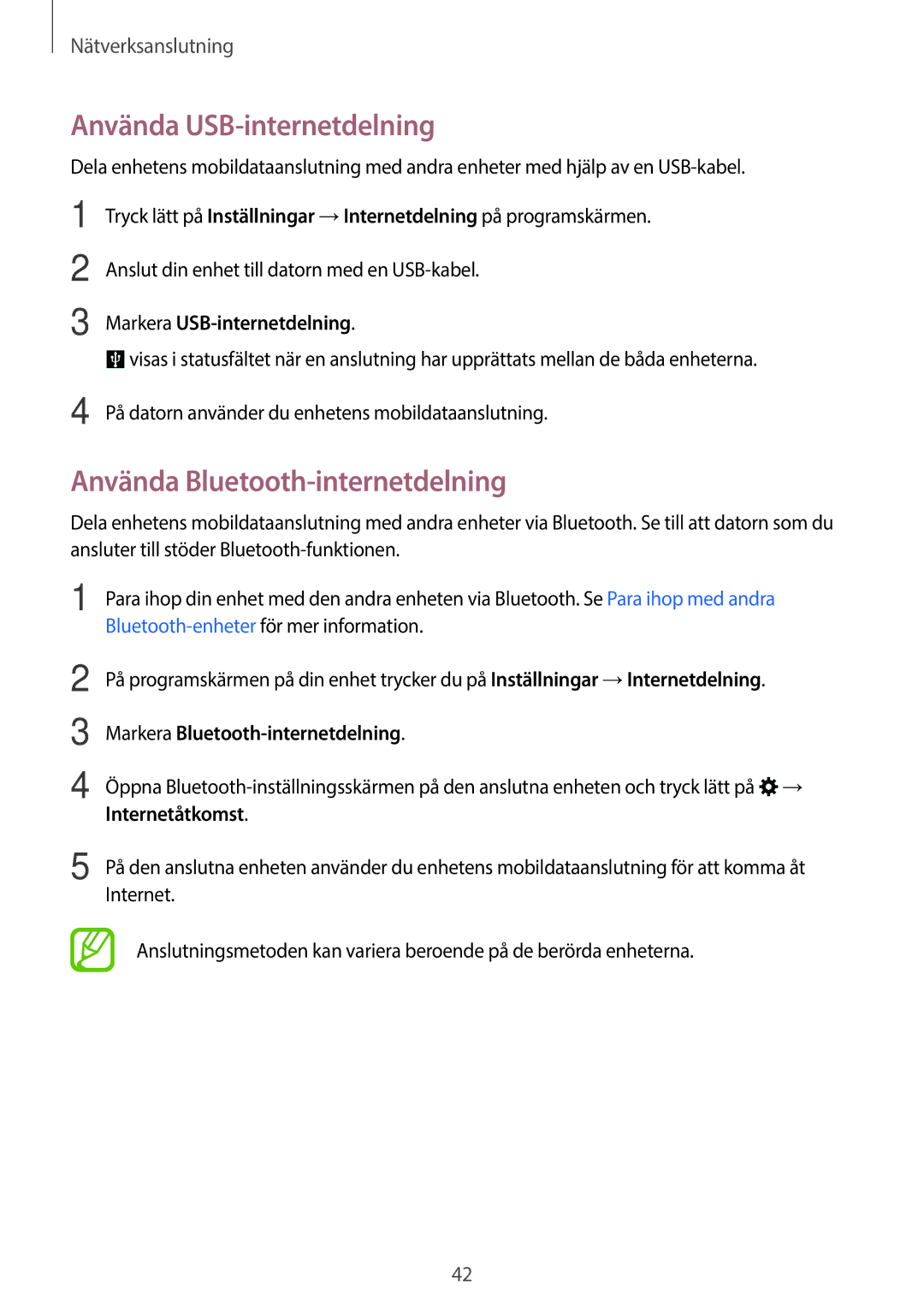 Samsung SM-A500FZWUNEE manual Använda USB-internetdelning, Använda Bluetooth-internetdelning, Markera USB-internetdelning 