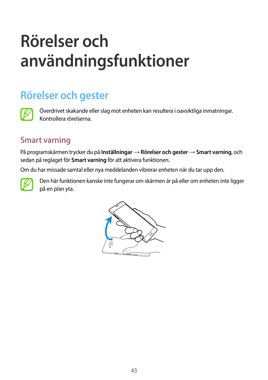 Samsung SM-A500FZWUNEE manual Rörelser och gester, Smart varning 