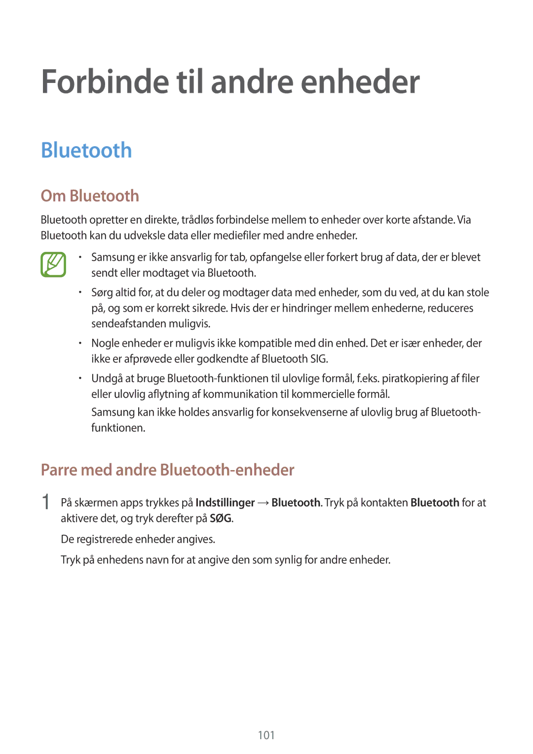 Samsung SM-A500FZWUNEE manual Forbinde til andre enheder, Om Bluetooth, Parre med andre Bluetooth-enheder 