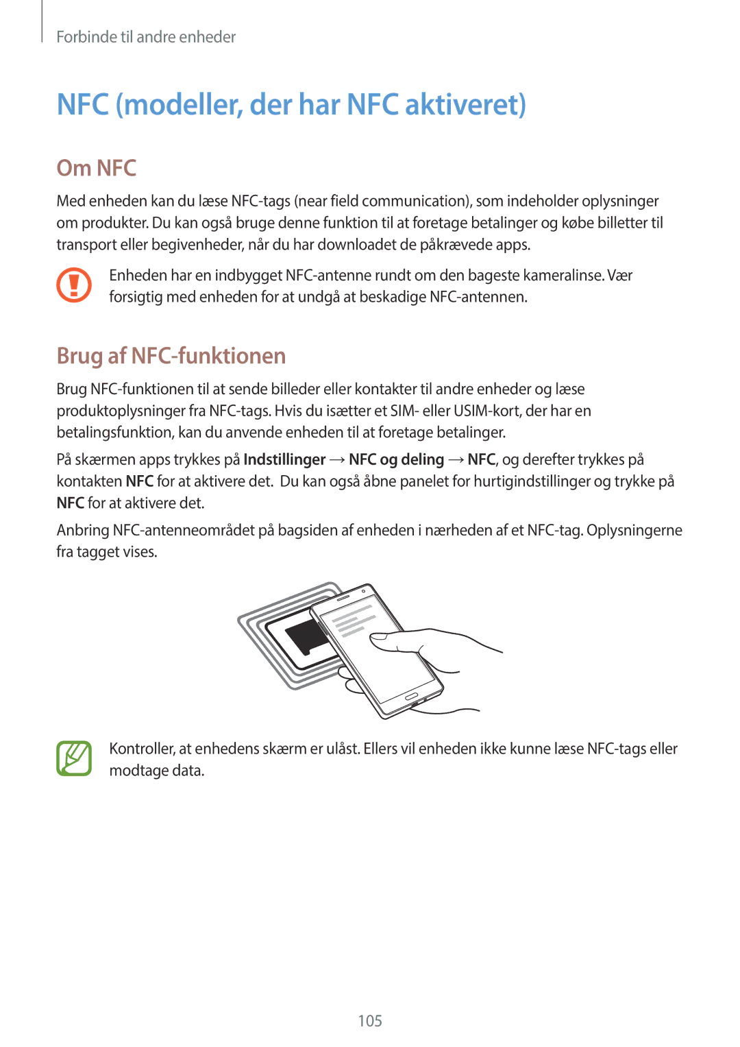 Samsung SM-A500FZWUNEE manual NFC modeller, der har NFC aktiveret, Om NFC, Brug af NFC-funktionen 