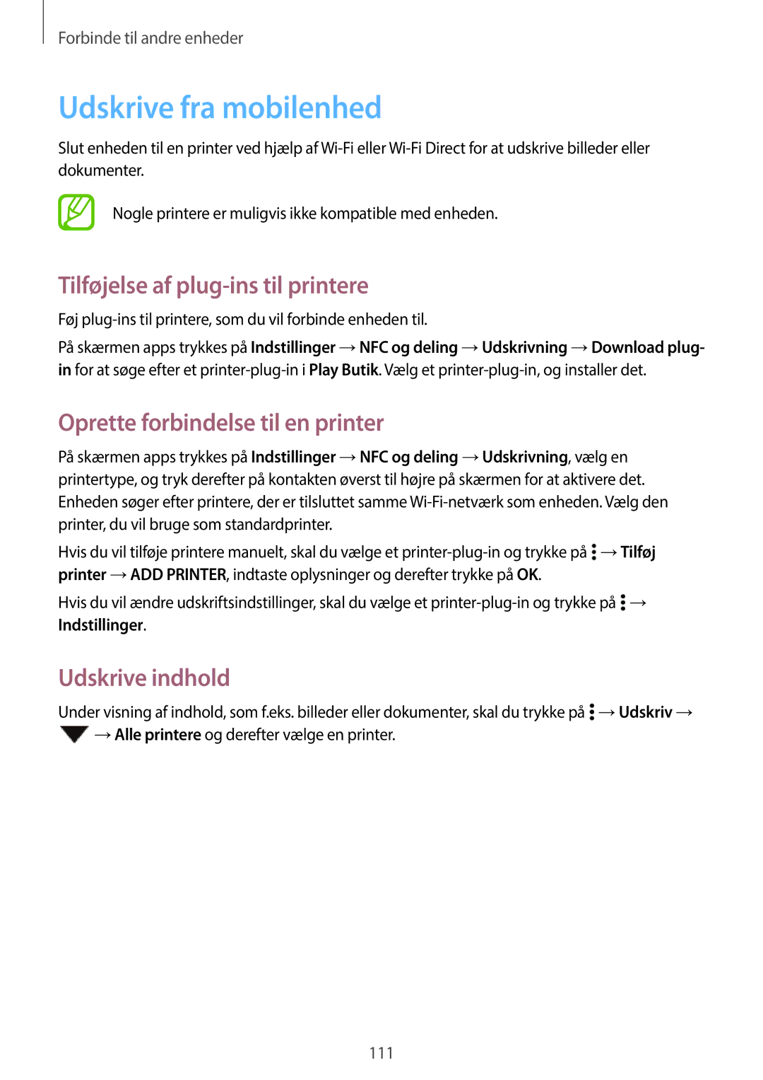 Samsung SM-A500FZWUNEE Udskrive fra mobilenhed, Tilføjelse af plug-ins til printere, Oprette forbindelse til en printer 