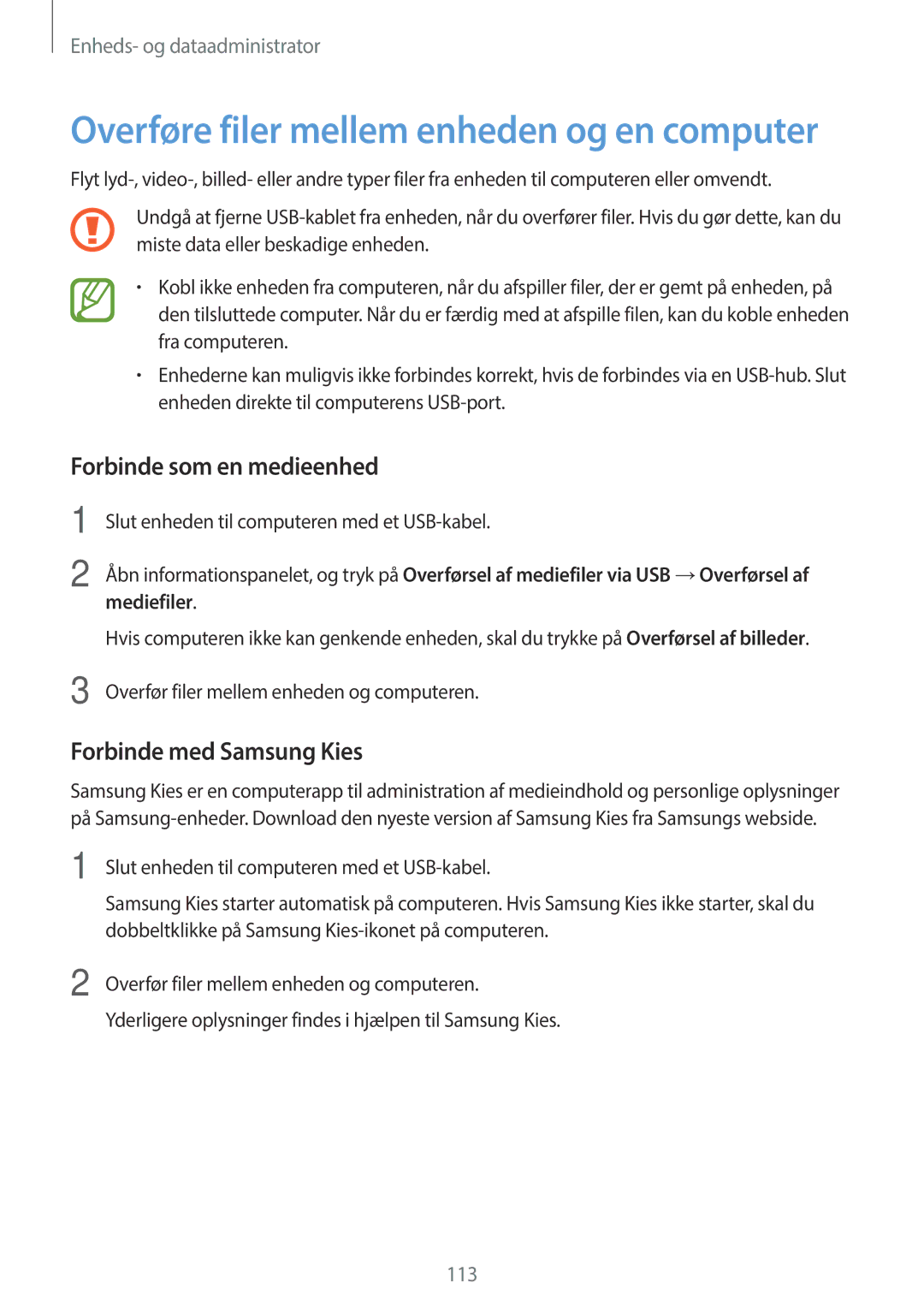 Samsung SM-A500FZWUNEE manual Forbinde som en medieenhed, Forbinde med Samsung Kies 