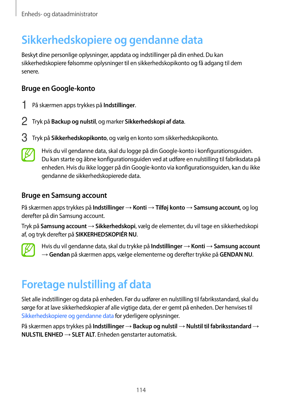 Samsung SM-A500FZWUNEE manual Sikkerhedskopiere og gendanne data, Foretage nulstilling af data, Bruge en Google-konto 