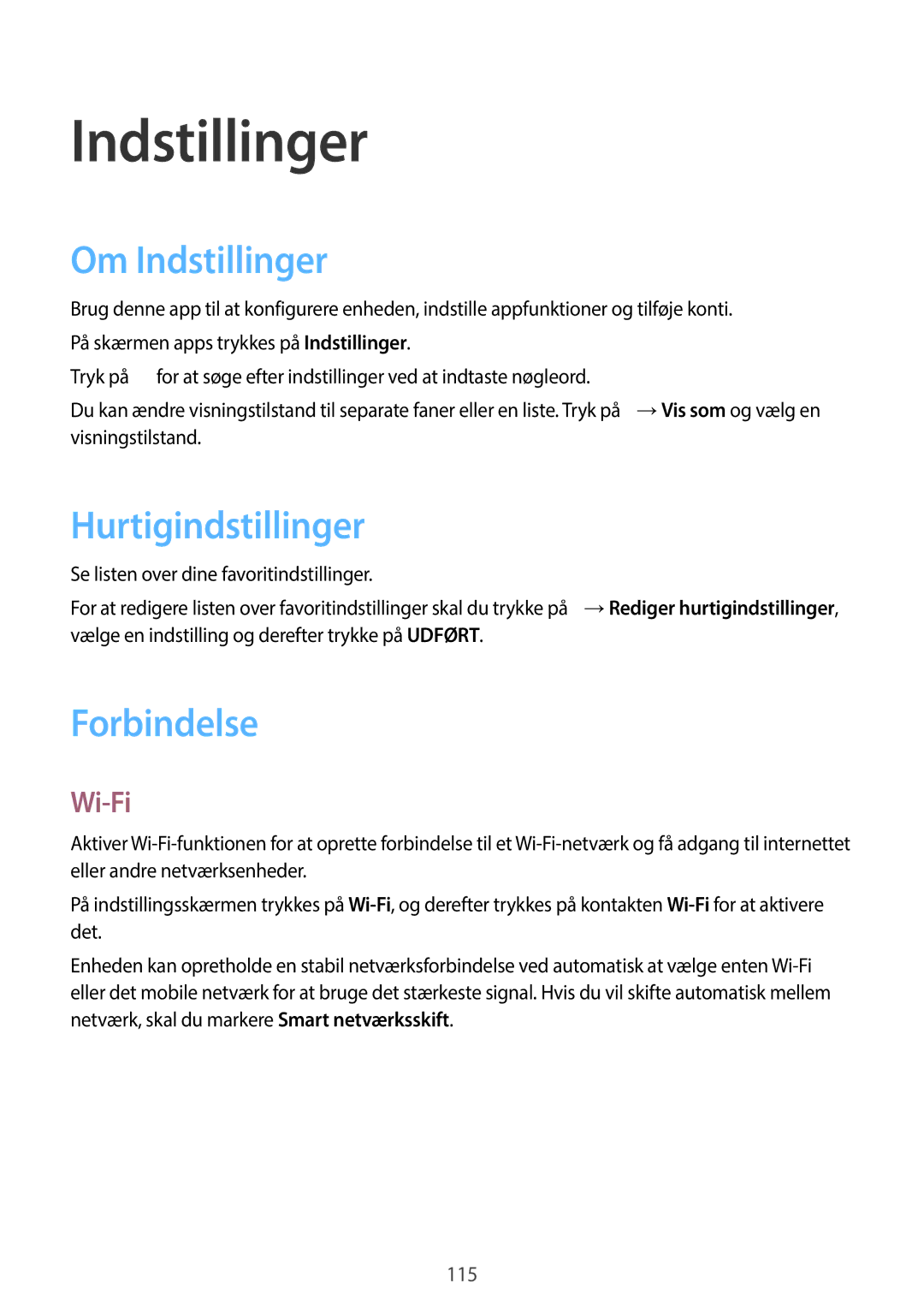 Samsung SM-A500FZWUNEE manual Om Indstillinger, Hurtigindstillinger, Forbindelse, Wi-Fi 