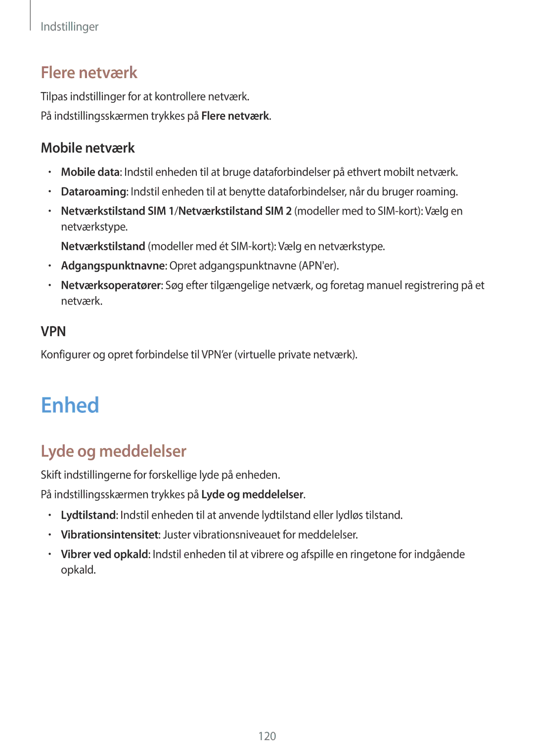 Samsung SM-A500FZWUNEE manual Enhed, Flere netværk, Lyde og meddelelser, Mobile netværk 