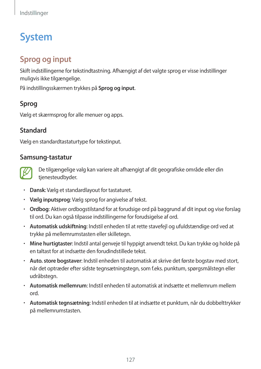 Samsung SM-A500FZWUNEE manual System, Sprog og input, Standard, Samsung-tastatur 