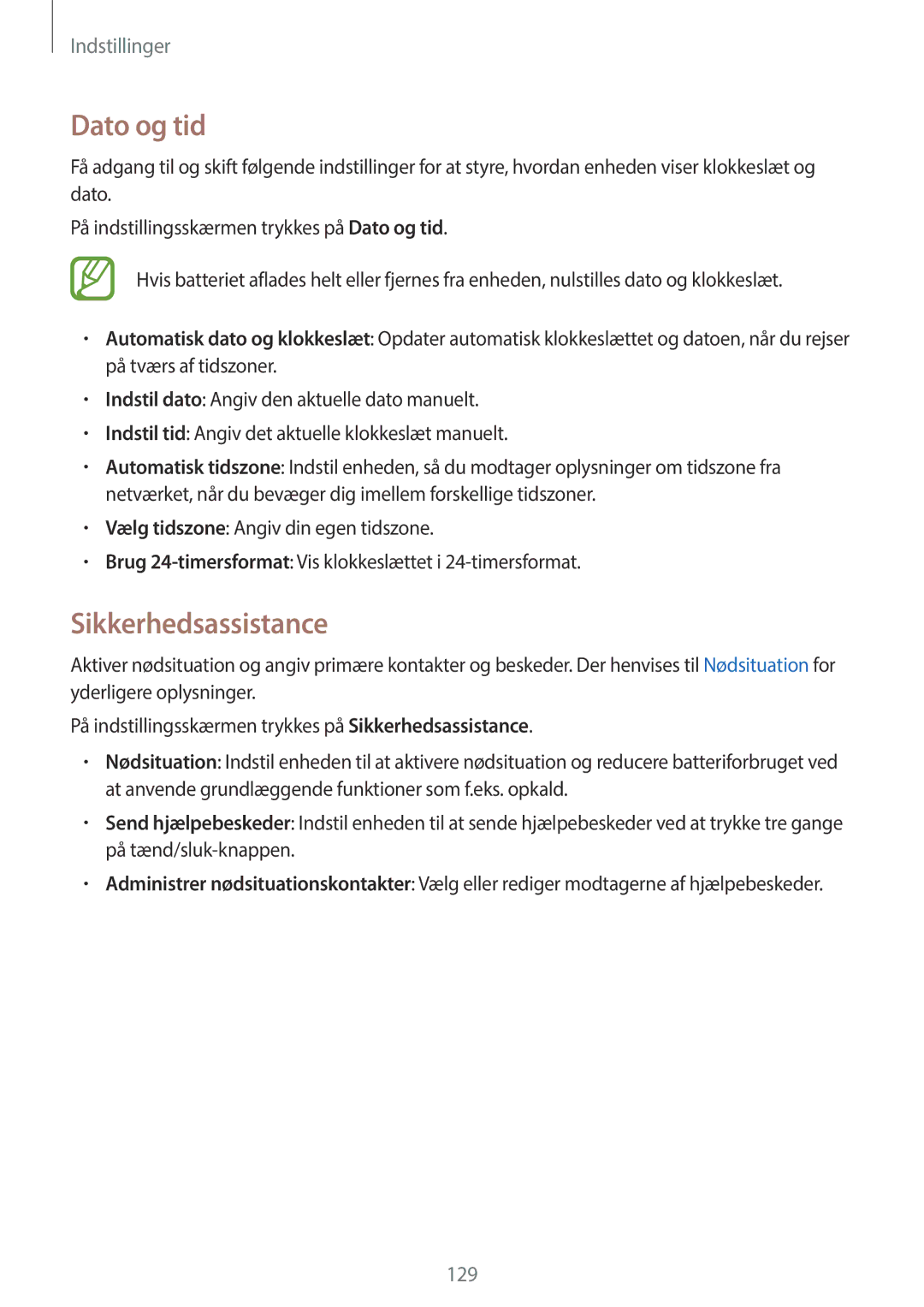 Samsung SM-A500FZWUNEE manual Dato og tid, Sikkerhedsassistance 