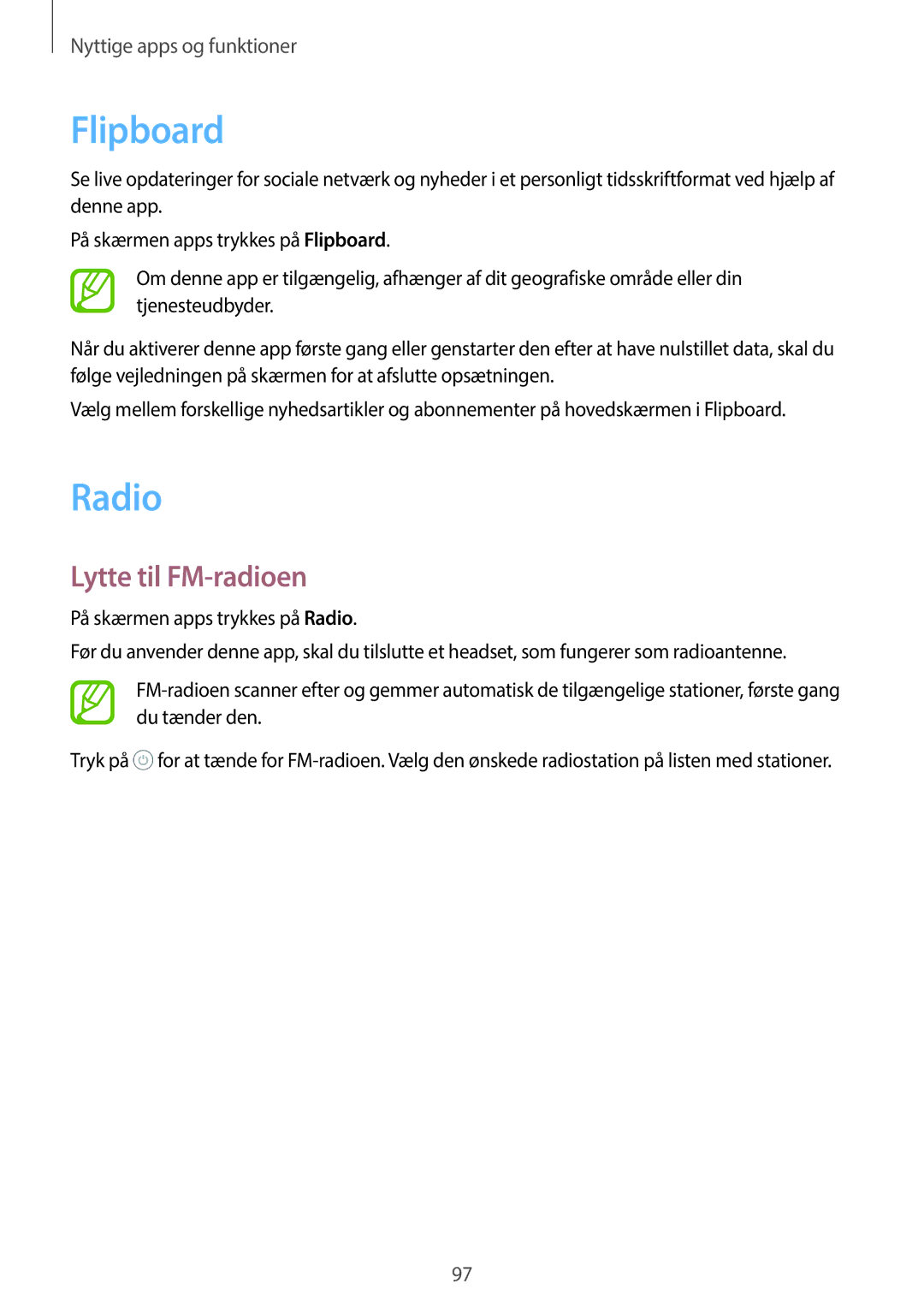 Samsung SM-A500FZWUNEE manual Flipboard, Radio, Lytte til FM-radioen 