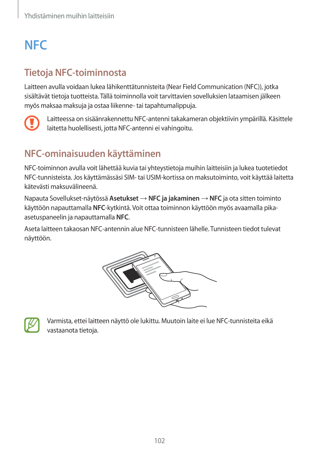 Samsung SM-A500FZWUNEE manual Tietoja NFC-toiminnosta, NFC-ominaisuuden käyttäminen 
