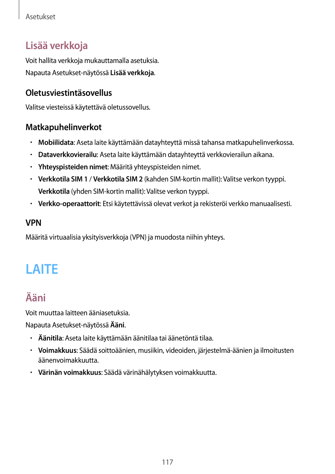 Samsung SM-A500FZWUNEE manual Lisää verkkoja, Ääni, Oletusviestintäsovellus, Matkapuhelinverkot 