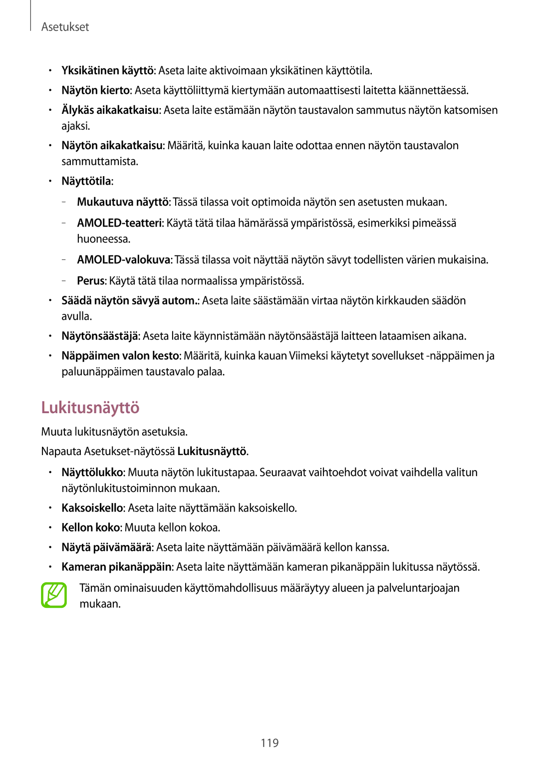 Samsung SM-A500FZWUNEE manual Lukitusnäyttö, Näyttötila 