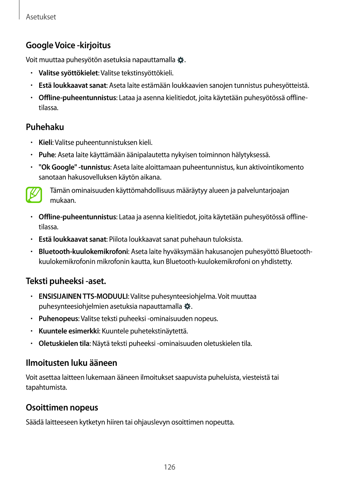 Samsung SM-A500FZWUNEE manual Google Voice -kirjoitus, Puhehaku, Teksti puheeksi -aset, Ilmoitusten luku ääneen 