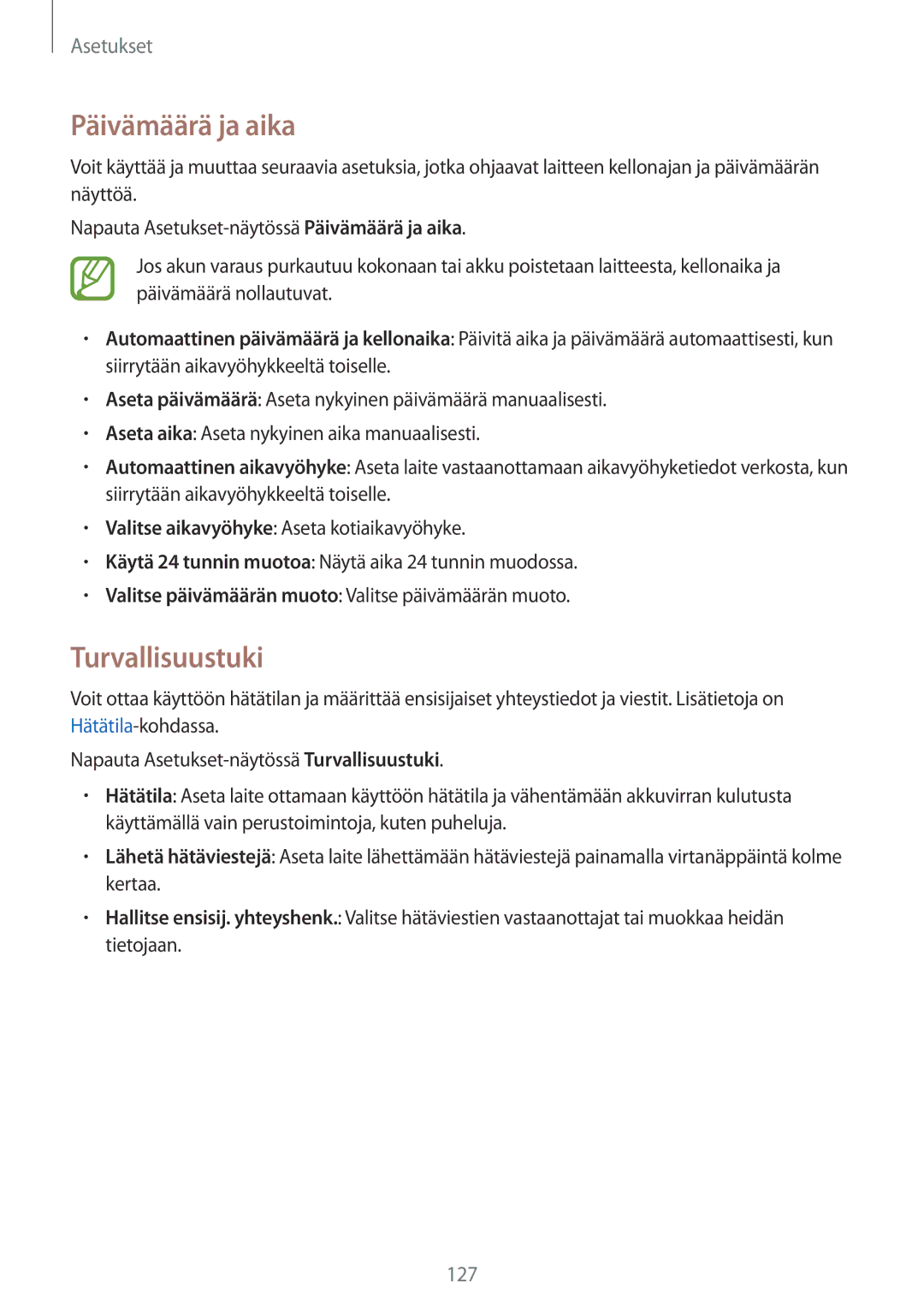 Samsung SM-A500FZWUNEE manual Päivämäärä ja aika, Turvallisuustuki 