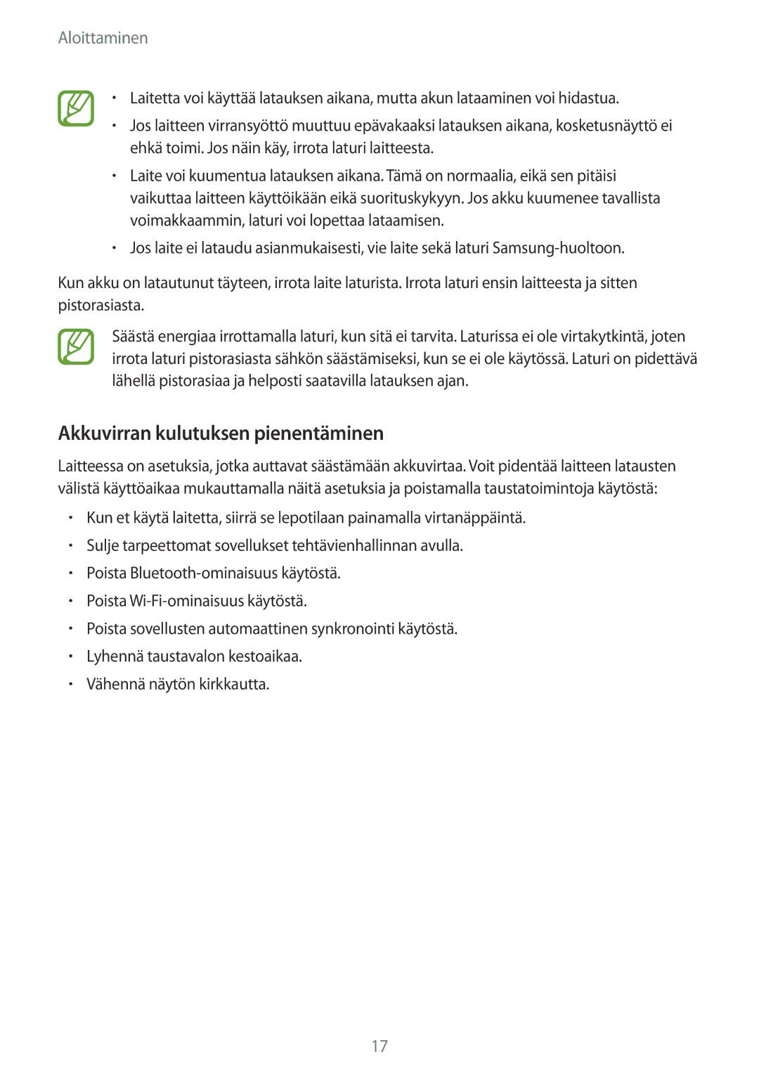 Samsung SM-A500FZWUNEE manual Akkuvirran kulutuksen pienentäminen 