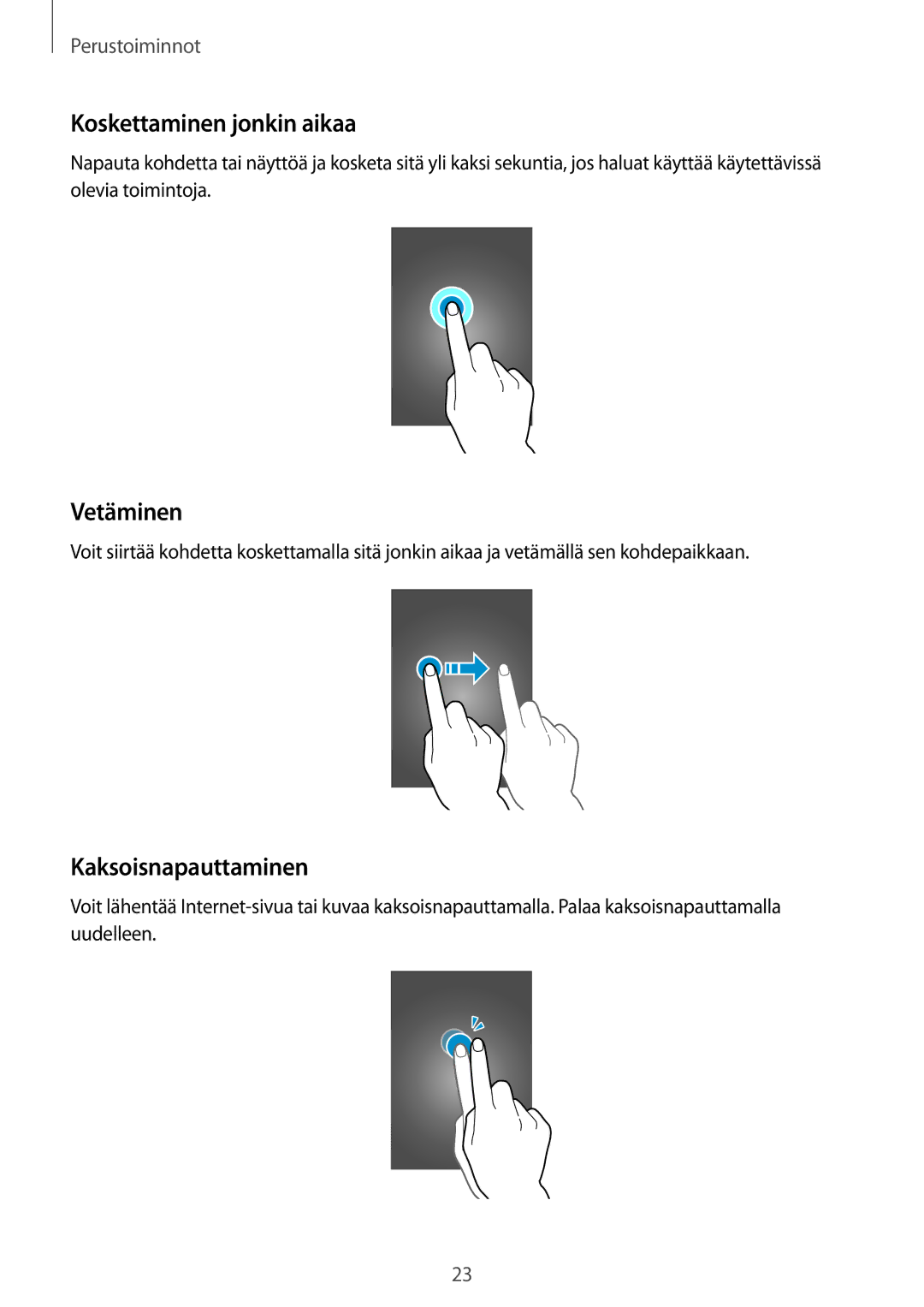 Samsung SM-A500FZWUNEE manual Koskettaminen jonkin aikaa, Vetäminen, Kaksoisnapauttaminen 