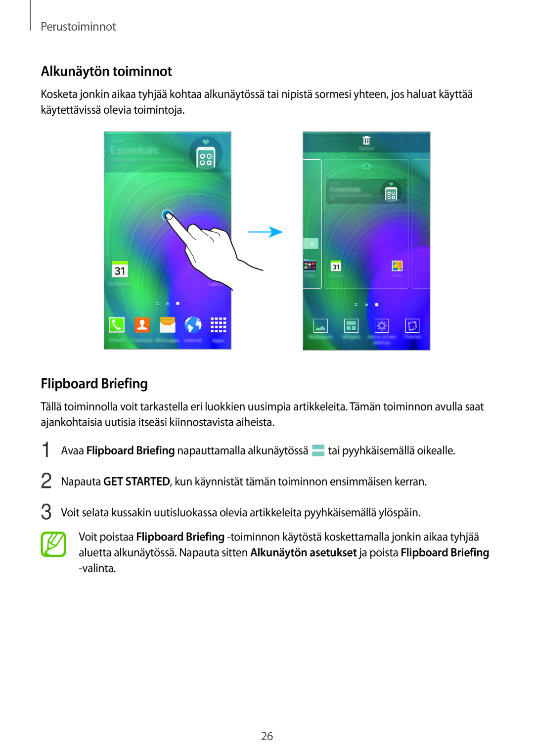 Samsung SM-A500FZWUNEE manual Alkunäytön toiminnot, Flipboard Briefing 