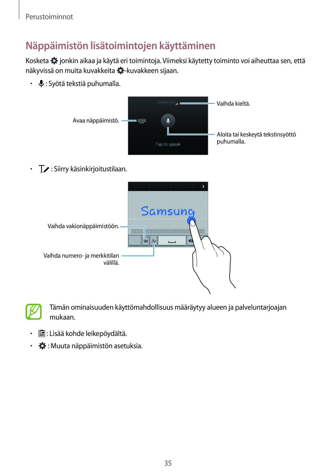 Samsung SM-A500FZWUNEE manual Näppäimistön lisätoimintojen käyttäminen, Siirry käsinkirjoitustilaan 