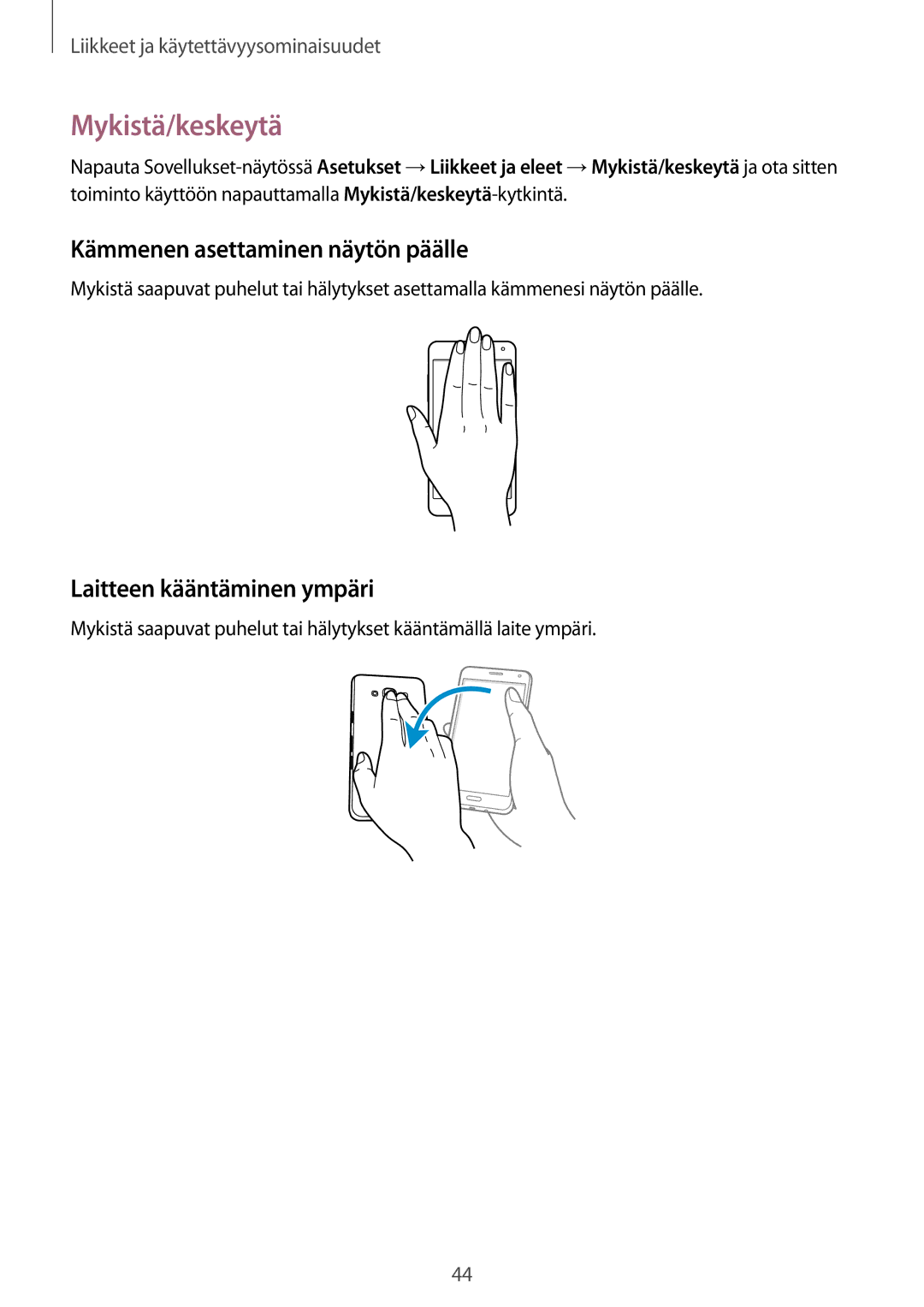 Samsung SM-A500FZWUNEE manual Mykistä/keskeytä, Kämmenen asettaminen näytön päälle, Laitteen kääntäminen ympäri 