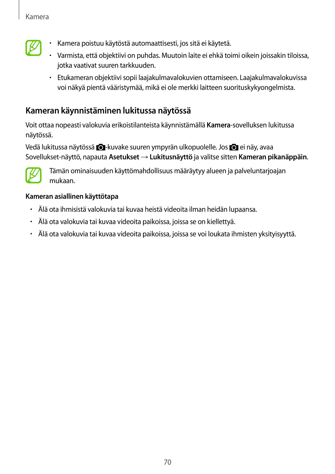 Samsung SM-A500FZWUNEE manual Kameran käynnistäminen lukitussa näytössä, Kameran asiallinen käyttötapa 