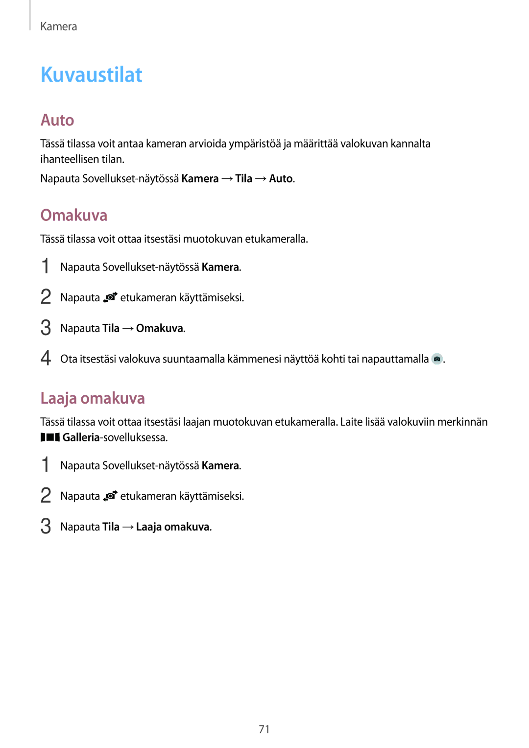 Samsung SM-A500FZWUNEE manual Kuvaustilat, Auto, Omakuva, Laaja omakuva 