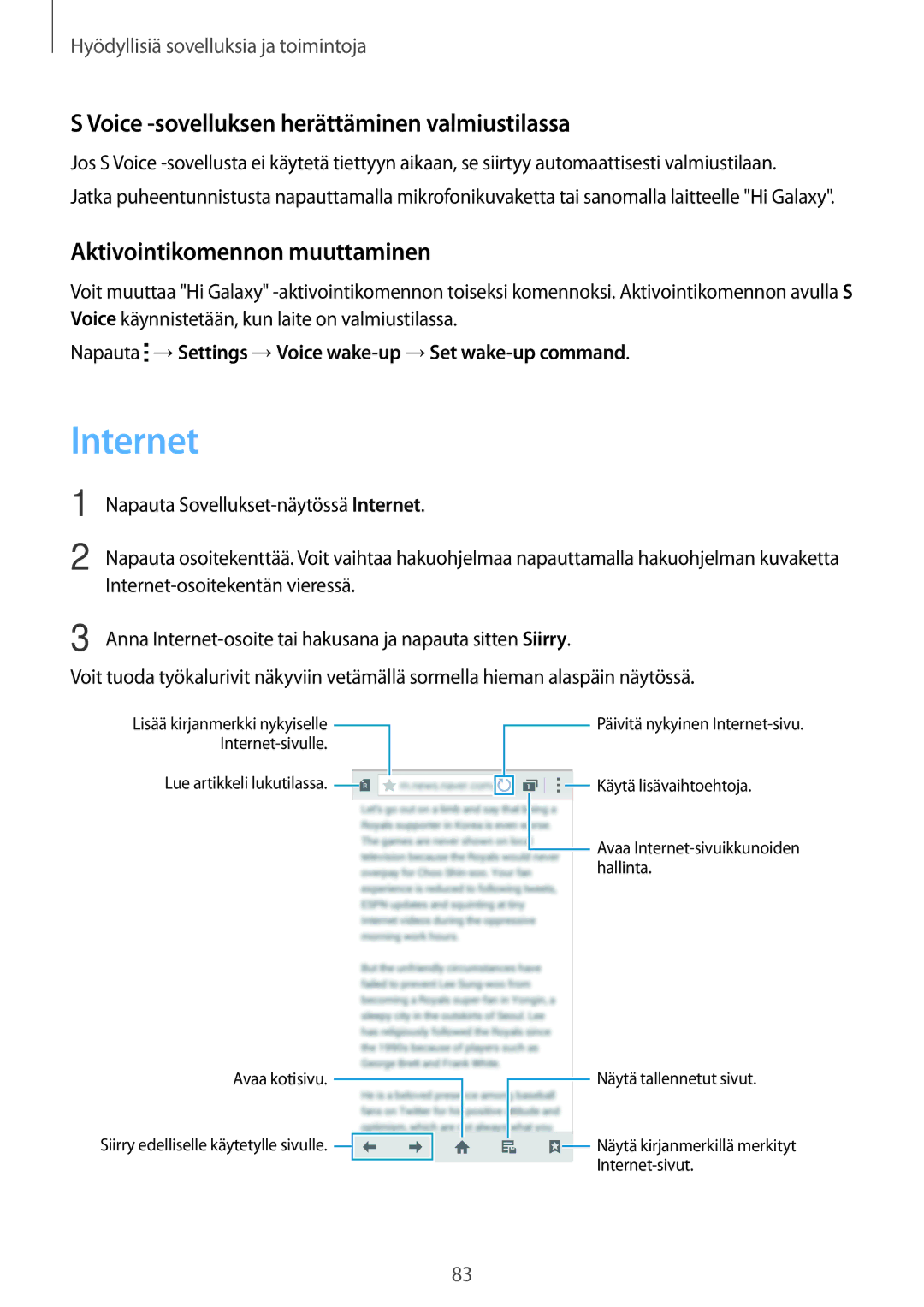 Samsung SM-A500FZWUNEE manual Internet, Voice -sovelluksen herättäminen valmiustilassa, Aktivointikomennon muuttaminen 