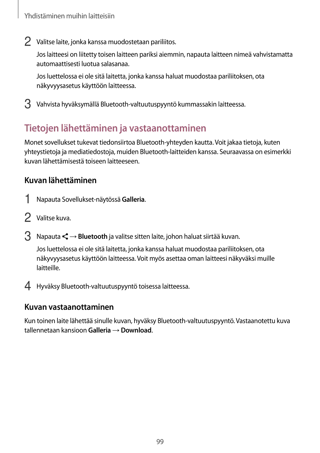 Samsung SM-A500FZWUNEE manual Tietojen lähettäminen ja vastaanottaminen, Kuvan lähettäminen, Kuvan vastaanottaminen 